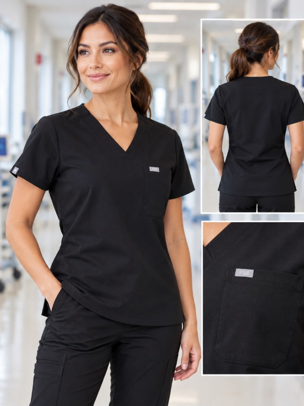 FIGS Technical Collection Black V-Neck One Pocket Scrub Top XS